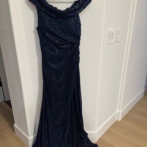 Mac Duggal Blue Maxi Gown with Asymmetrical Neckline and Ruched Details